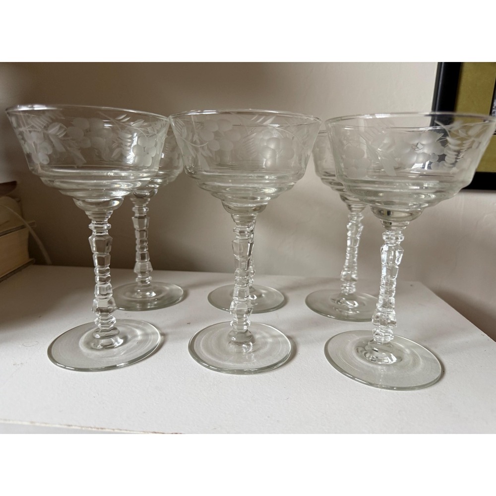 Vintage Libby Etched Glass Floral Design Champagne Glasses set of 6